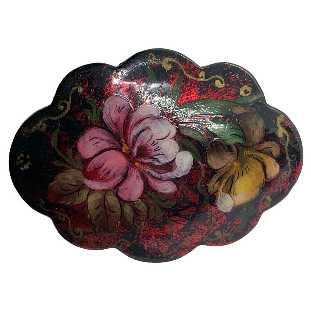 Vintage Original Brooch Hand Painted Drawn Floral Black Russian Lacquer Signed